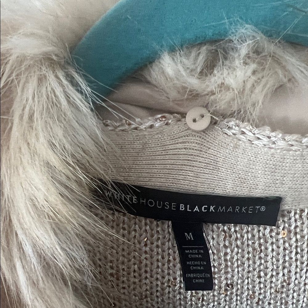White House Black Market Beige Cardigan with Faux Fur - Picture 2 of 2